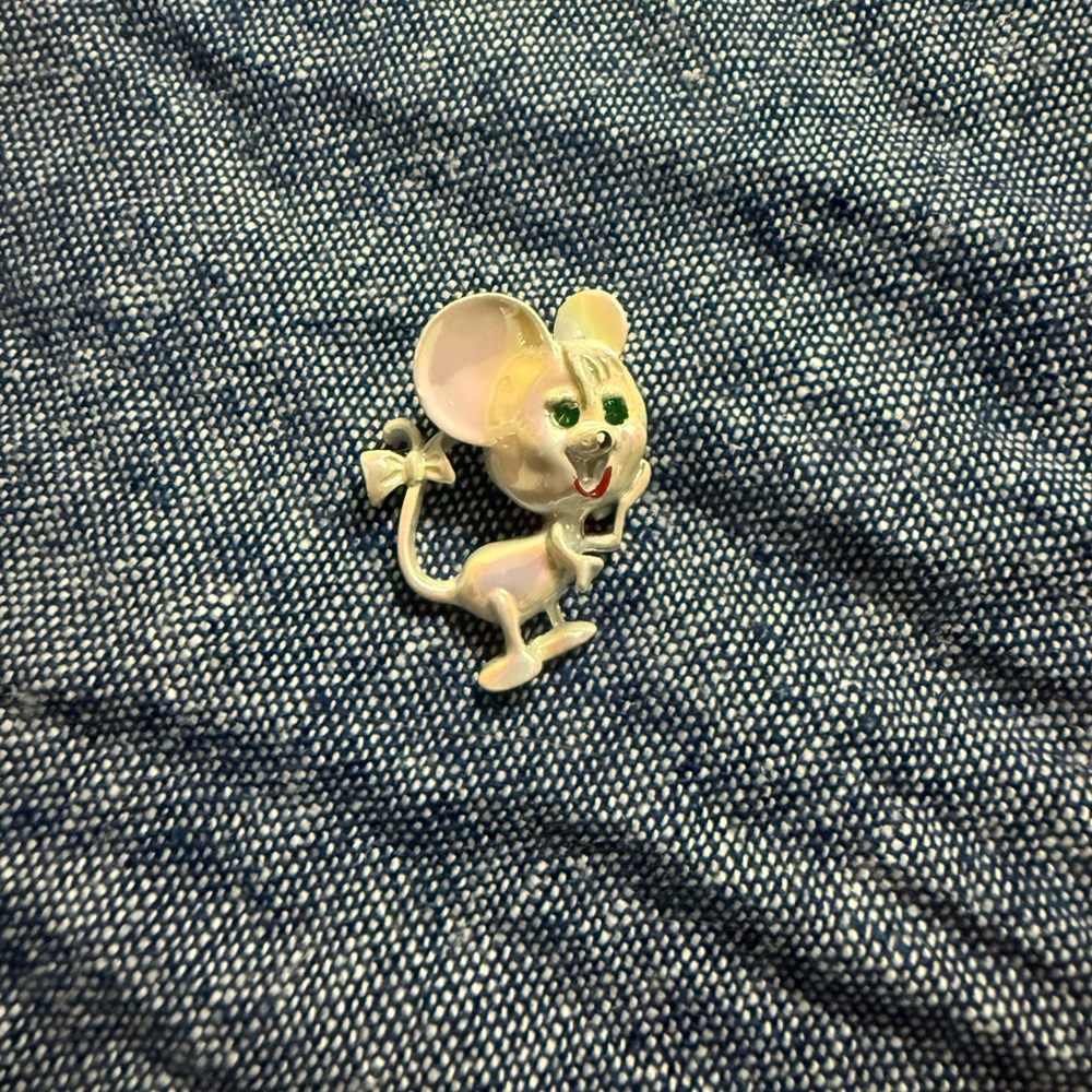 Silver Mouse Brooch with Green Accents